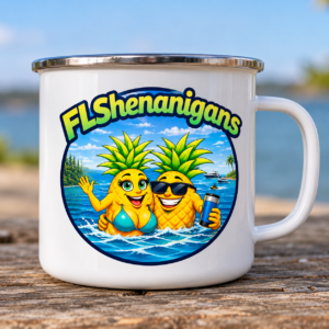 FLShenanigans white enamel camp cup with logo badge facing forward, centered on front